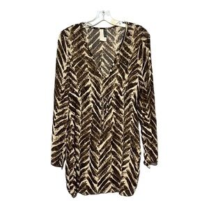 Be Creative Brown Sheer Exotic Print Swimsuit Cover-Up Long Sleeve V-Neck Dress
